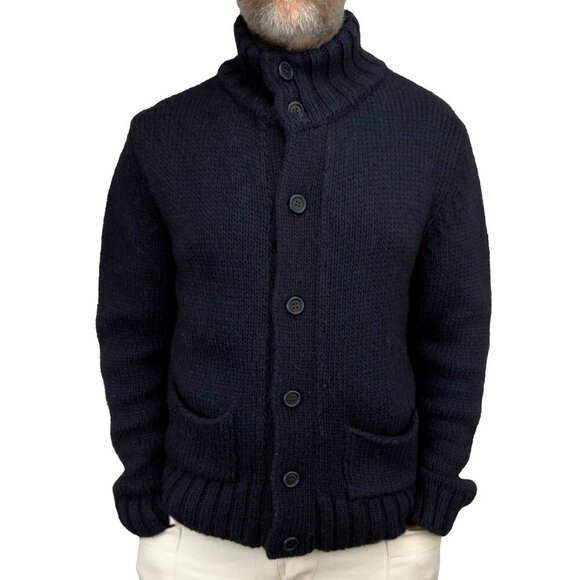 SPONTINI PARIS Quiet Luxury High Neck Navy Dark Blue Knit Cardigan Sweater sz M - Picture 1 of 8